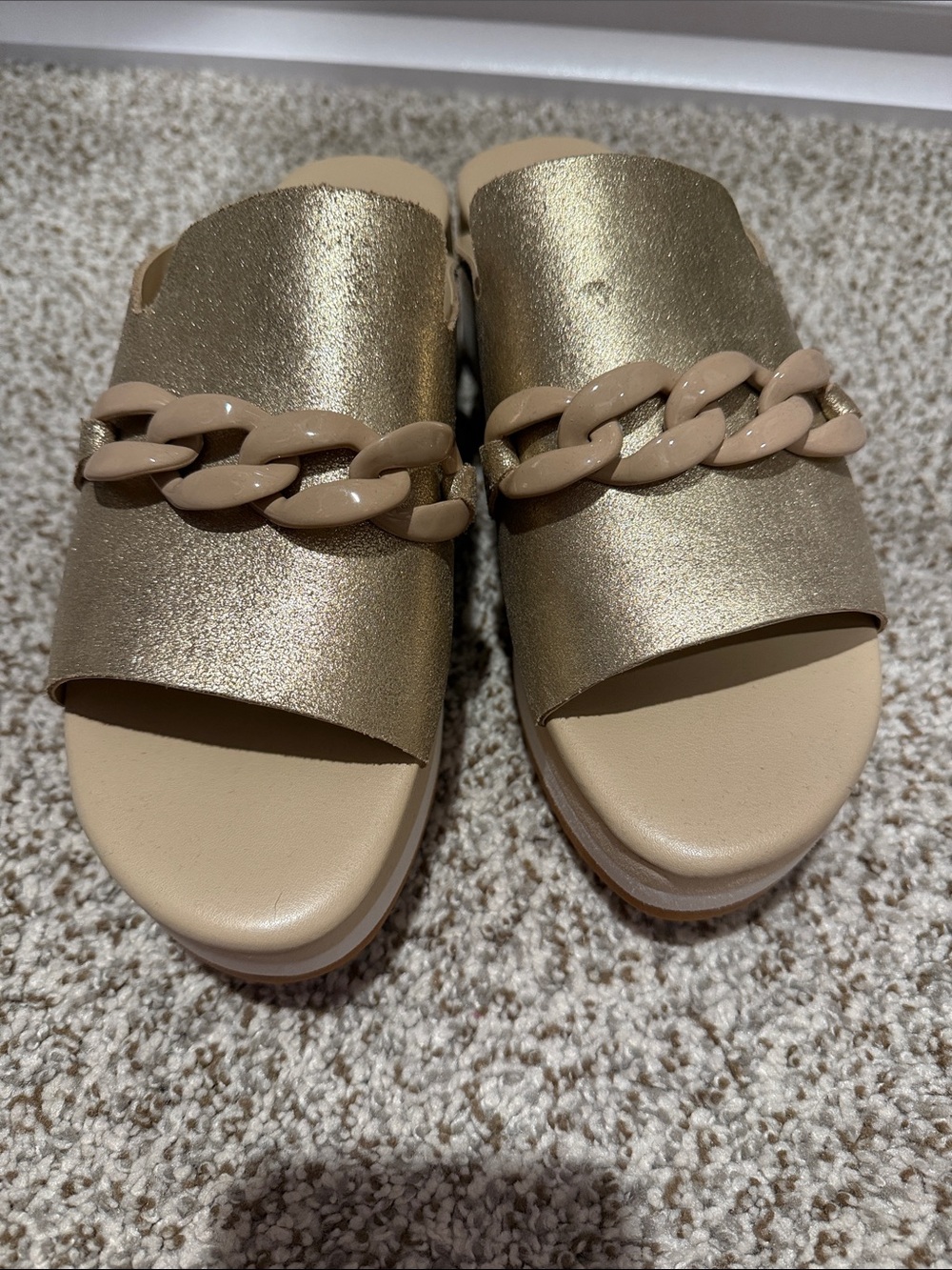 Matisse Metallic Gold Slide Mules with Nude Chain Detail
